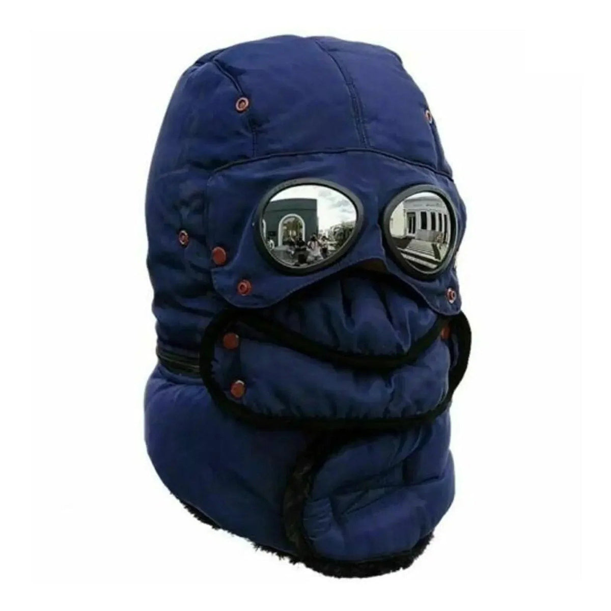 Trappermütze in Marineblau – gesteppte Fliegermütze mit hochklappbarer Brille und Druckknopf-Maske