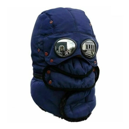 Trappermütze in Marineblau – gesteppte Fliegermütze mit hochklappbarer Brille und Druckknopf-Maske
