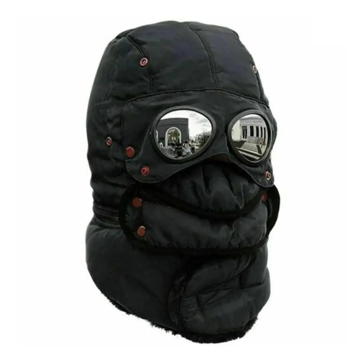Trappermütze mit Gesichtsmaske in Schwarz – Fliegermütze mit Brille und Plüschfutter, Packshot