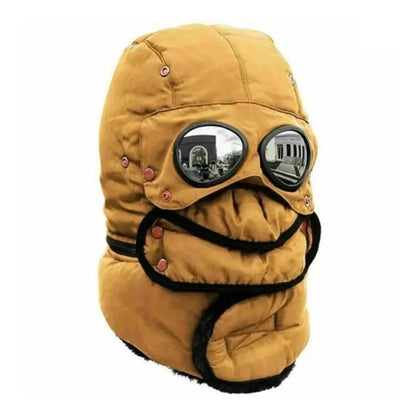 Trappermütze in Senfgelb – Wintermütze mit Ohrenschutz, Brille und abnehmbarer Gesichtsmaske