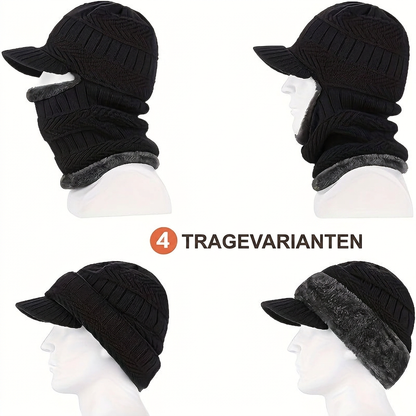 Vier Tragevarianten der Balaclava: geschlossen, seitlich, als Mütze und mit Plüschrand