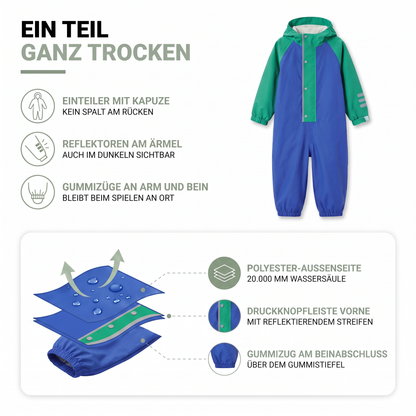 Aufbau des Kinder-Regenoveralls: Polyester mit 20.000 mm Wassersäule, Druckknopfleiste mit Reflektor und Gummizug am Beinabschluss