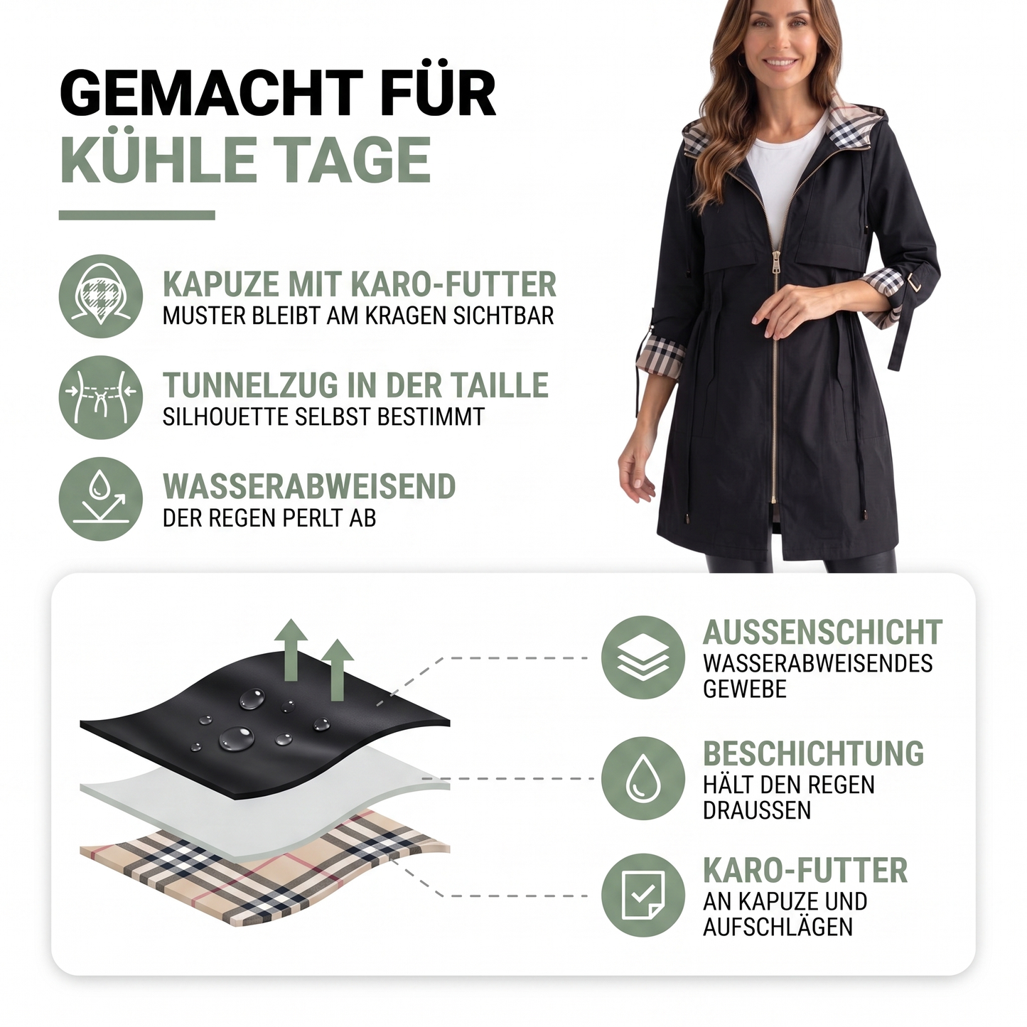 Übergangsjacke Damen mit Kapuze - Parka mit Karo-Futter - Tunnelzug