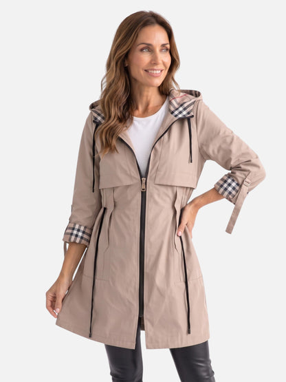 Übergangsjacke Damen mit Kapuze - Parka mit Karo-Futter - Tunnelzug
