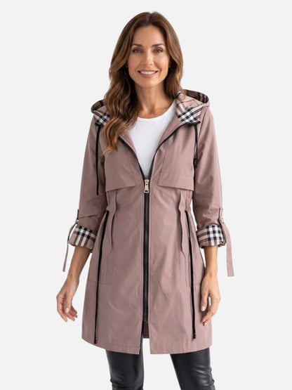 Übergangsjacke Damen mit Kapuze - Parka mit Karo-Futter - Tunnelzug