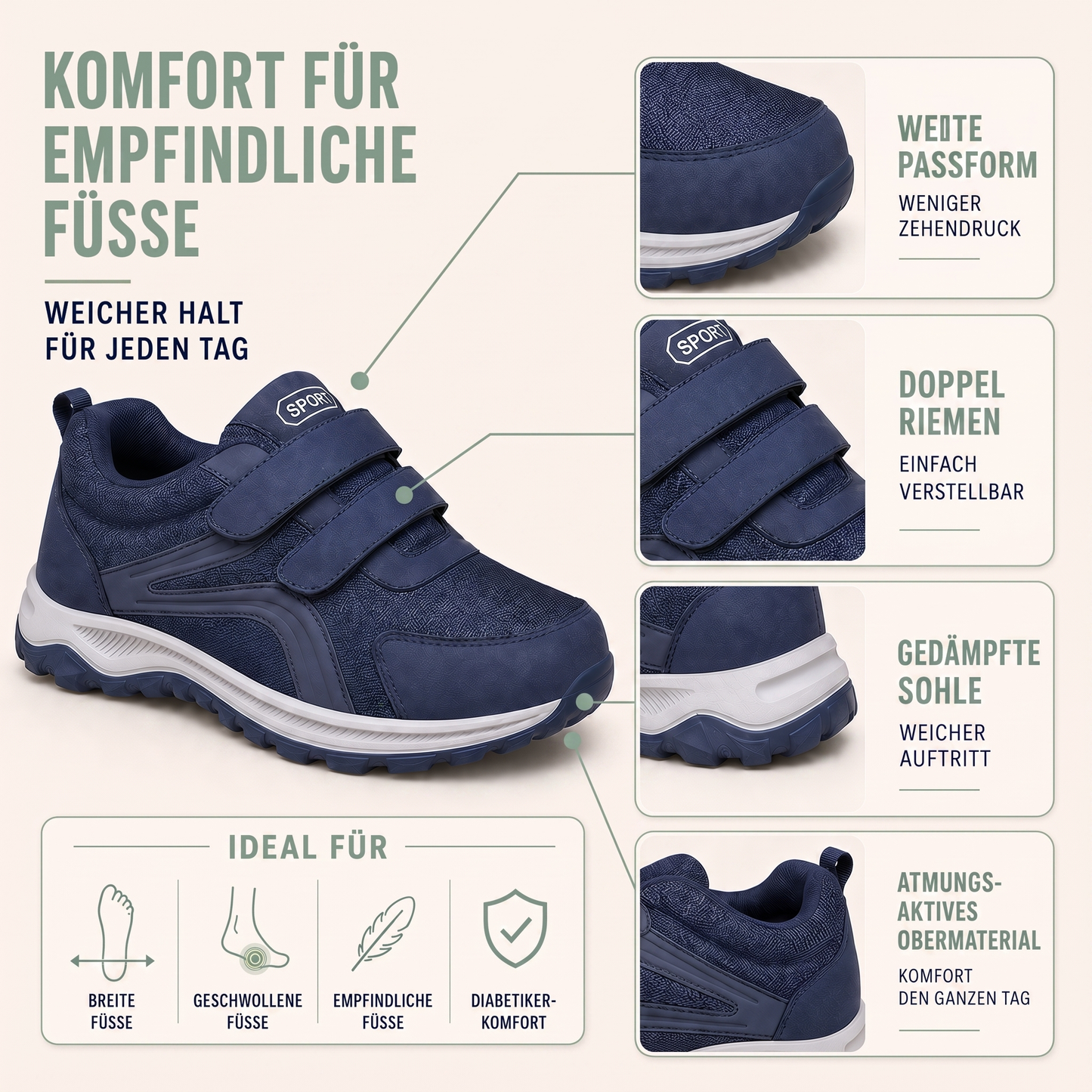 Orthopädische Schuhe Herren - Klettverschluss - Weite Passform