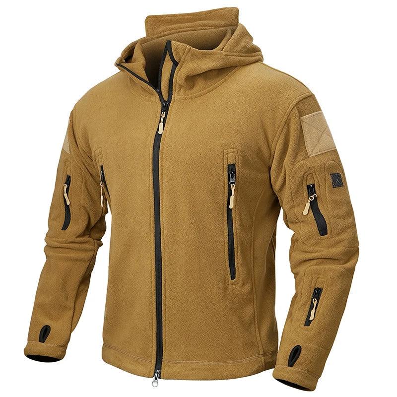 Taktische Fleecejacke in Coyote mit Stehkragen und Kapuze
