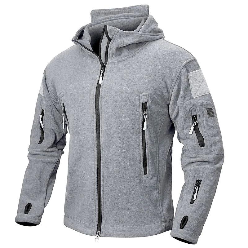 Taktische Fleecejacke in Hellgrau mit Klettflächen am Oberarm