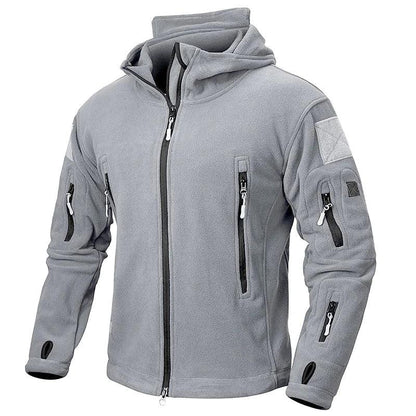 Taktische Fleecejacke in Hellgrau mit Klettflächen am Oberarm