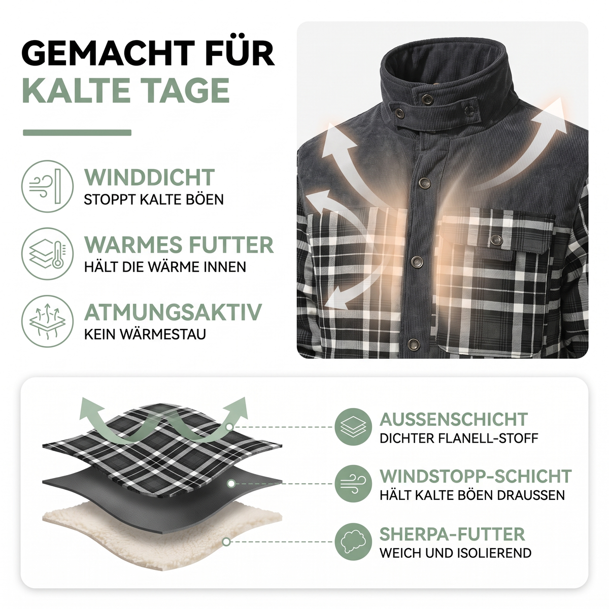 Flanell Jacke Herren kariert mit Fleecefutter und Taschen – warm und winddicht