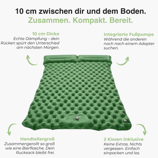 Aufblasbare Doppel-Campingmatte – Strapazierfähig – Mit integriertem Kissen & Fußpumpe