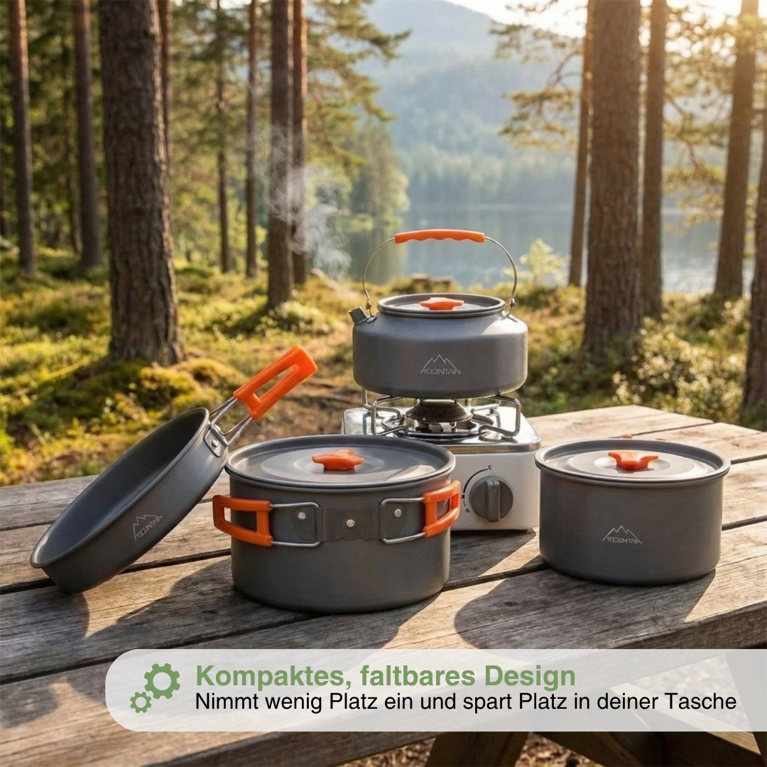 Camping-Kochset – Komplettes 9-teiliges Set – Topf, Wasserkessel & Pfanne