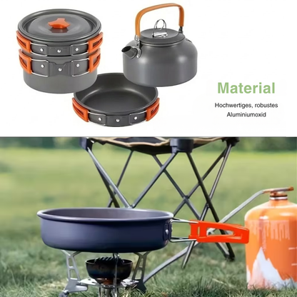 Camping-Kochset – Komplettes 9-teiliges Set – Topf, Wasserkessel & Pfanne
