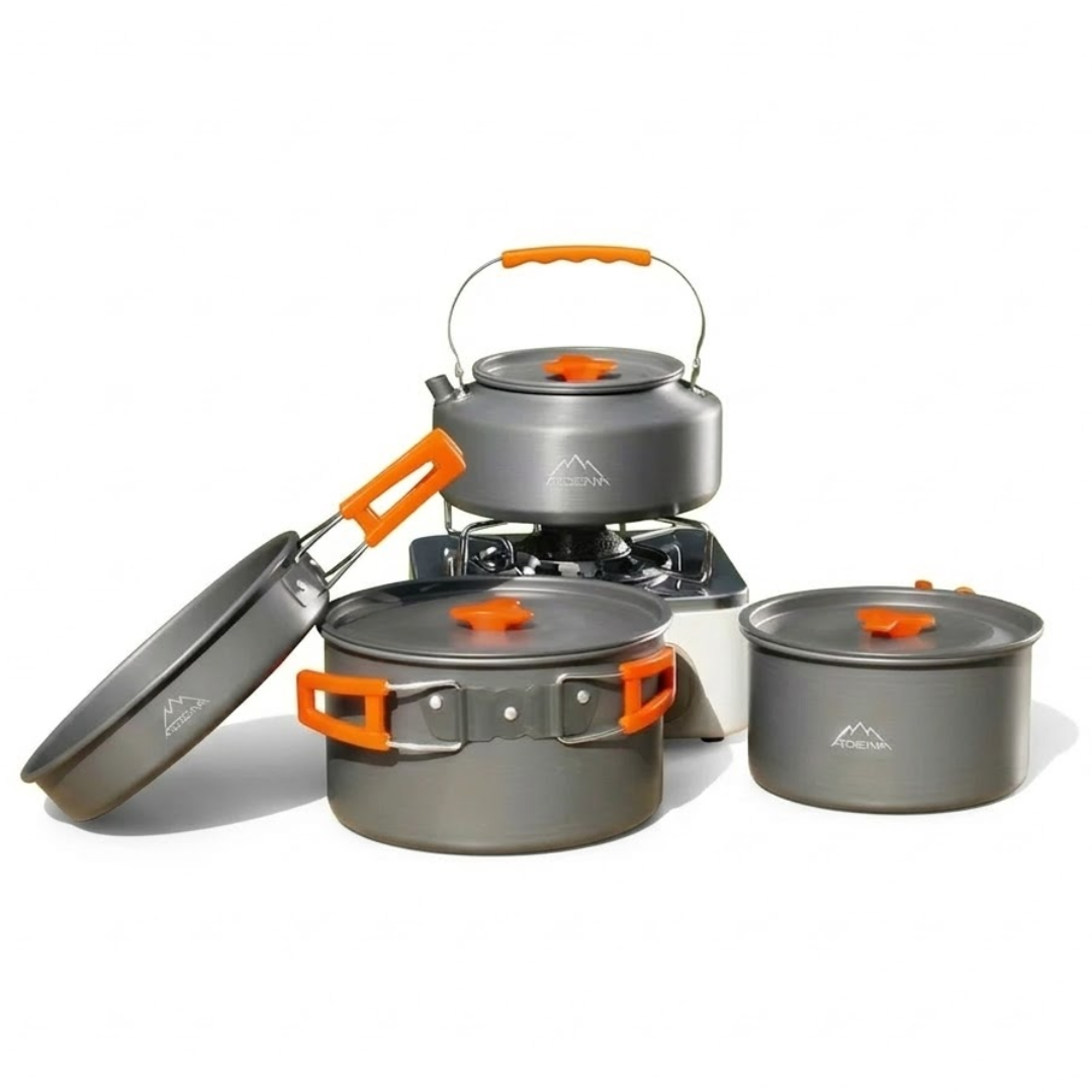 Camping-Kochset – Komplettes 9-teiliges Set – Topf, Wasserkessel & Pfanne