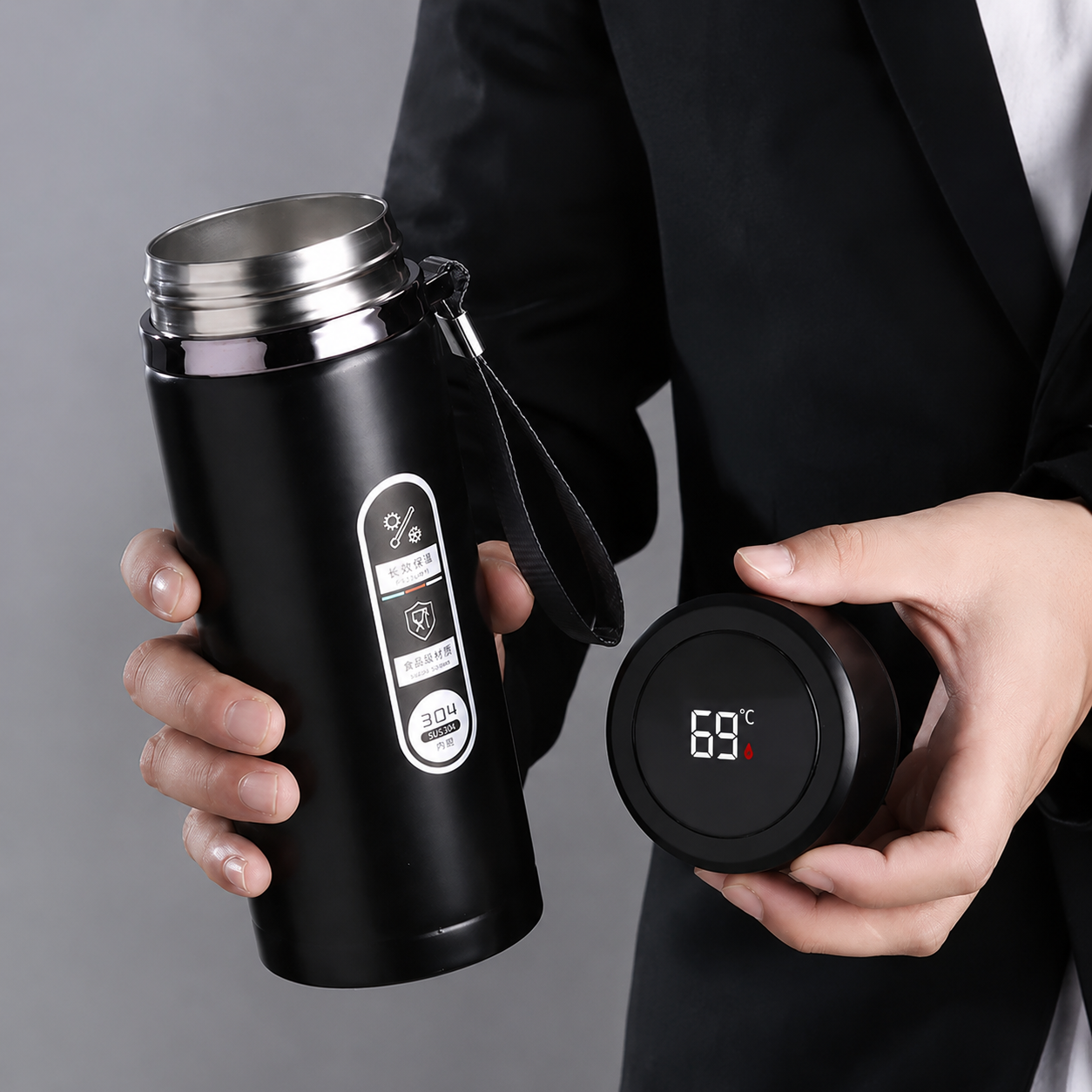 Thermosflasche mit LED-Temperaturanzeige - Edelstahl - 500 ml / 1 L