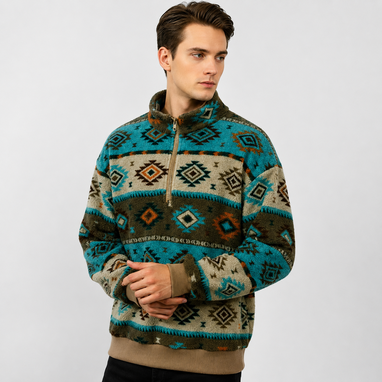 Fleecepullover mit Half-Zip – Stehkragen – dickes Fleece – Ethno-Muster