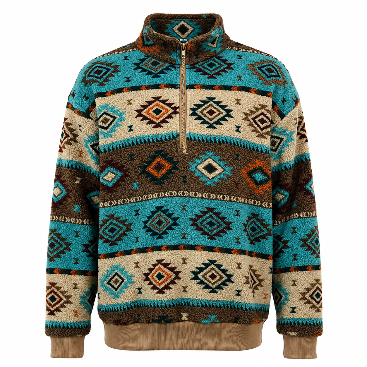 Fleecepullover mit Half-Zip – Stehkragen – dickes Fleece – Ethno-Muster