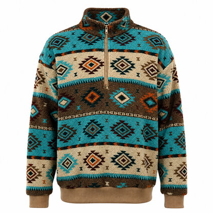 Fleecepullover mit Half-Zip – Stehkragen – dickes Fleece – Ethno-Muster