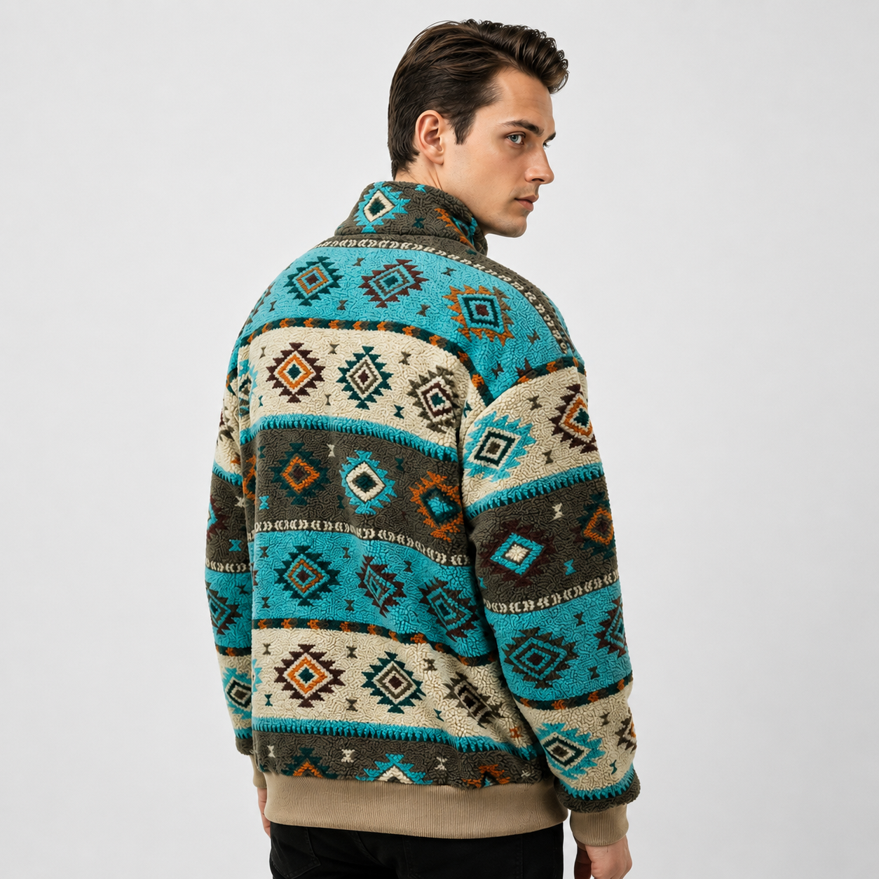 Fleecepullover mit Half-Zip – Stehkragen – dickes Fleece – Ethno-Muster