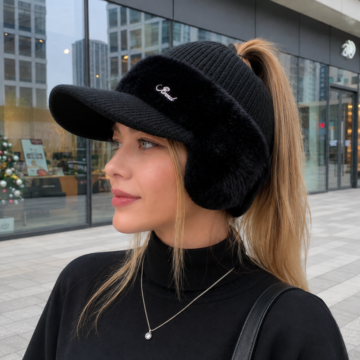 Wintermütze Damen mit Schirm – Ohrenschutz – Ponytail-Öffnung – weich gefüttert