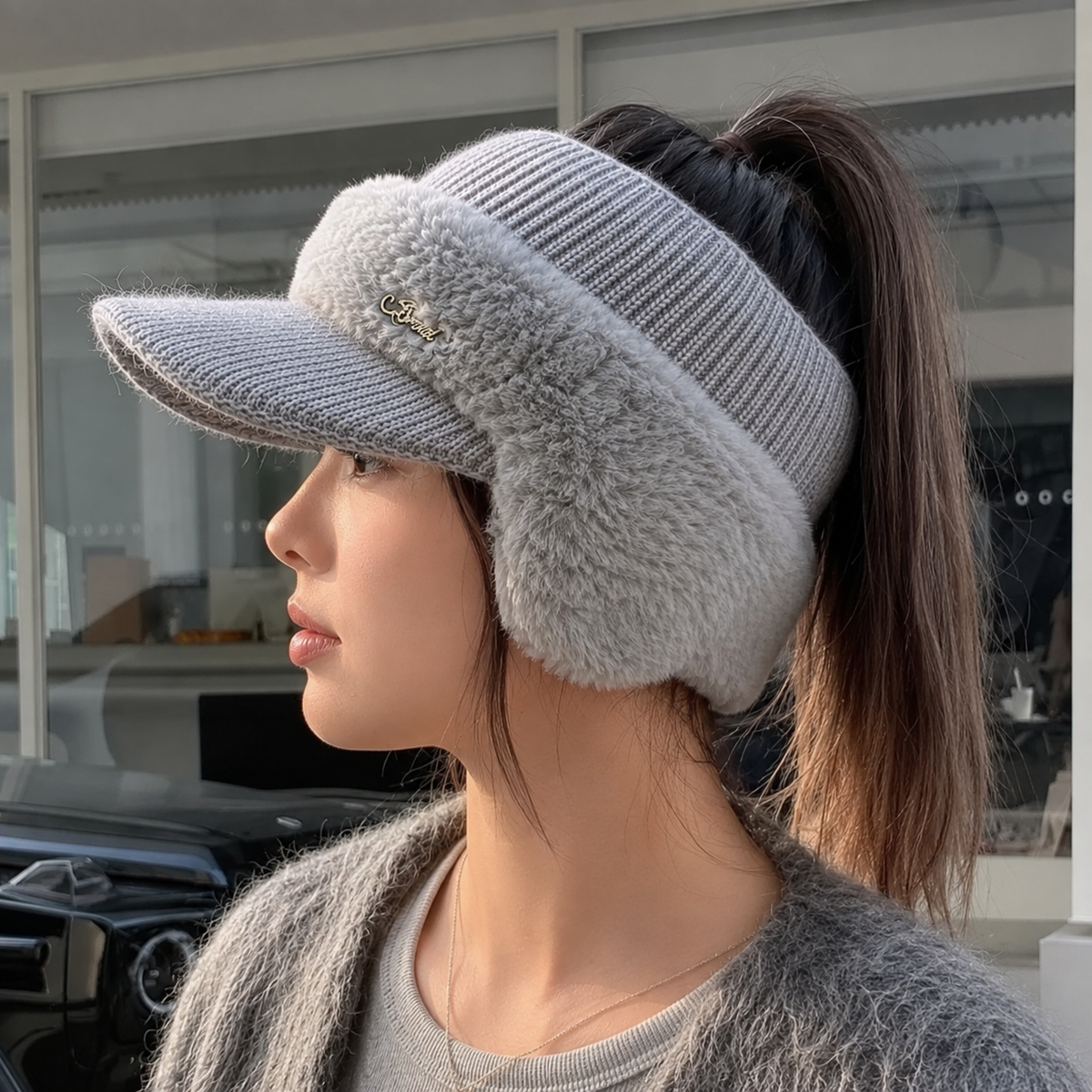 Wintermütze Damen mit Schirm – Ohrenschutz – Ponytail-Öffnung – weich gefüttert