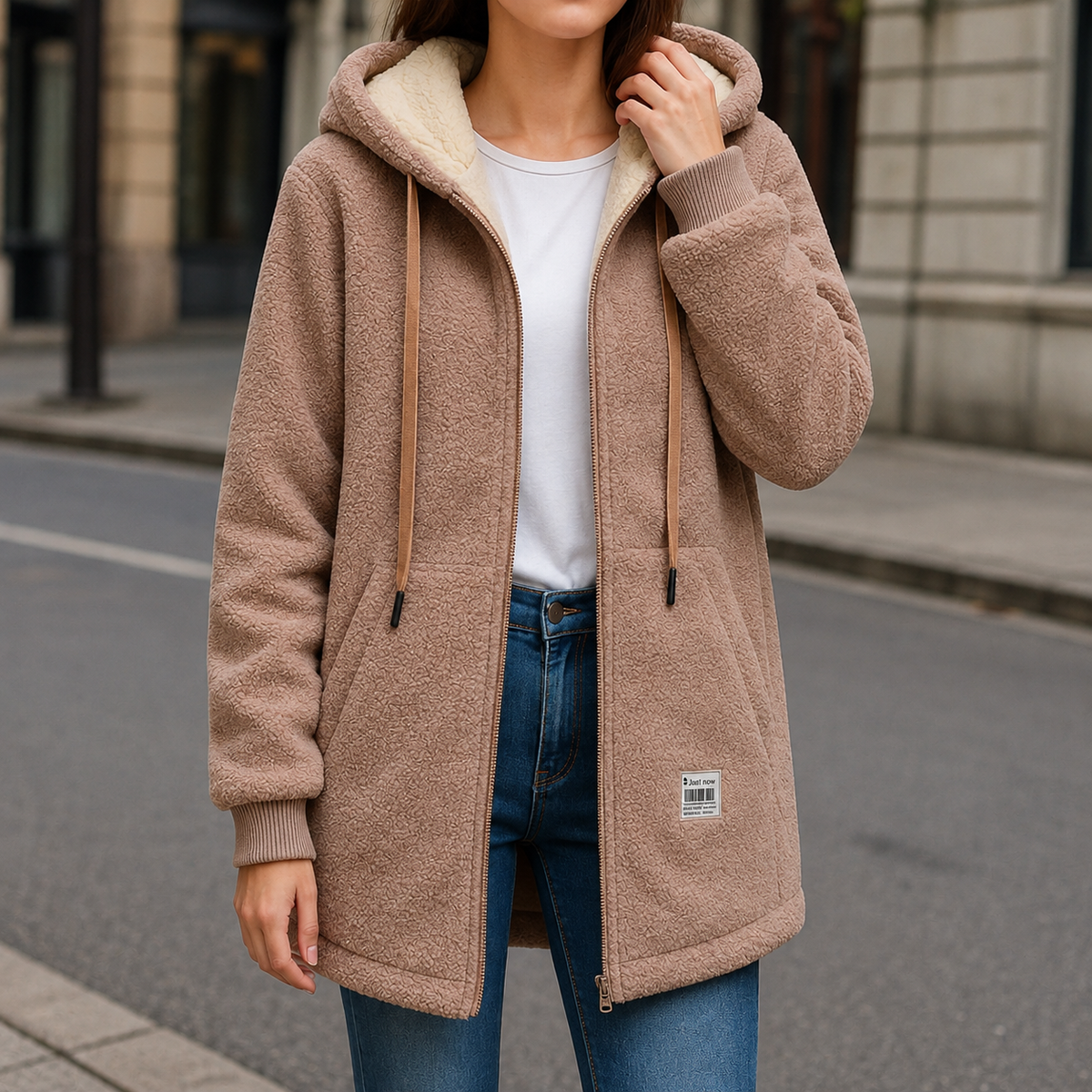 Fleecejacke Damen mit Kapuze - Weiches Teddyfleece - Zwei Taschen