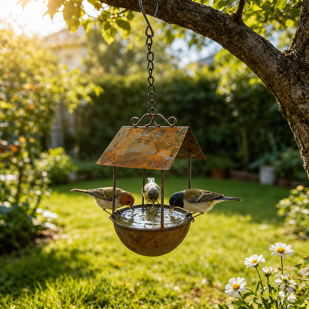 Vintage Vogeltränke zum Aufhängen – Rustikales Metall mit Dach für den Garten