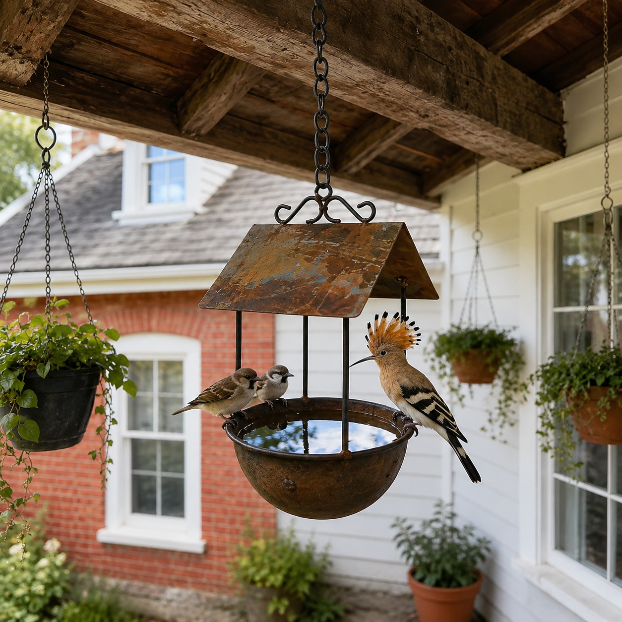 Vintage Vogeltränke zum Aufhängen – Rustikales Metall mit Dach für den Garten