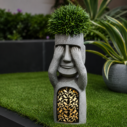 Solar LED Gesichts-Pflanztopf – Gartenfigur mit Beleuchtung & Wetterfest