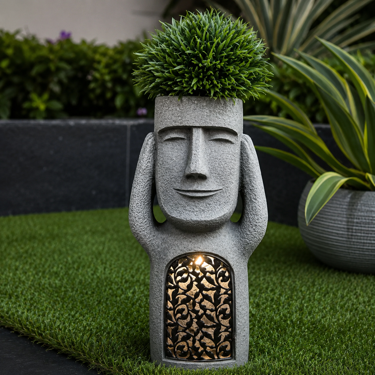 Solar LED Gesichts-Pflanztopf – Gartenfigur mit Beleuchtung & Wetterfest