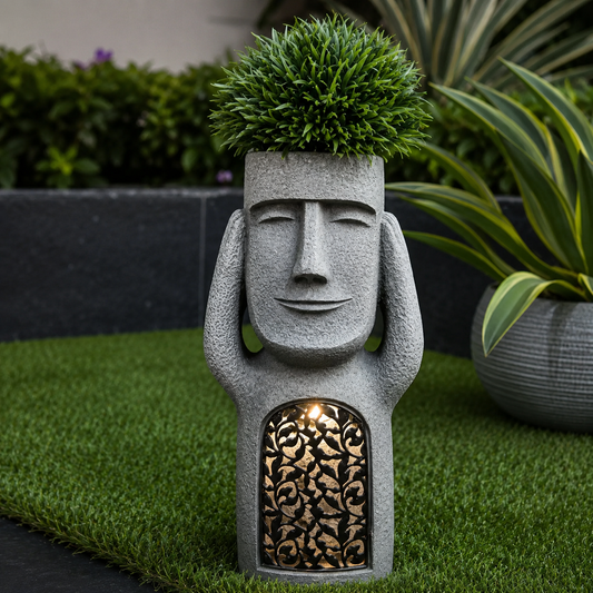 Solar LED Gesichts-Pflanztopf – Gartenfigur mit Beleuchtung & Wetterfest