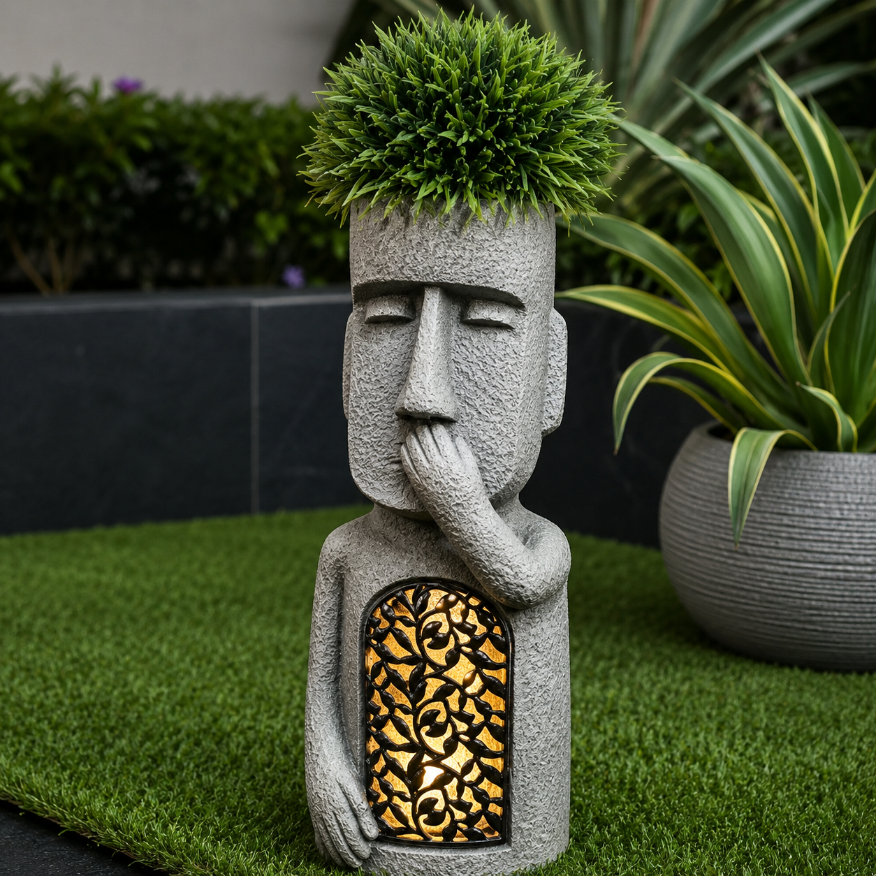 Solar LED Gesichts-Pflanztopf – Gartenfigur mit Beleuchtung & Wetterfest
