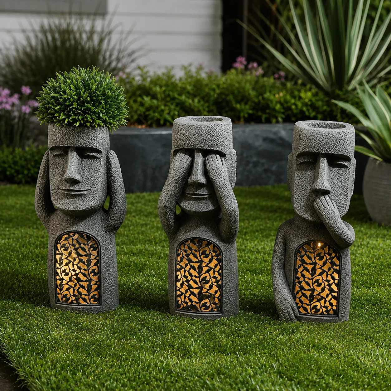Solar LED Gesichts-Pflanztopf – Gartenfigur mit Beleuchtung & Wetterfest
