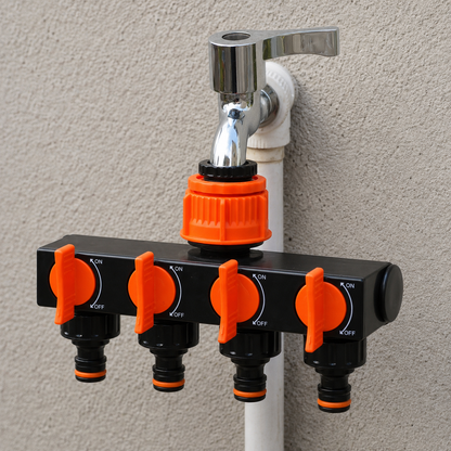 4-Wege Wasserhahn-Verteiler – 4 individuelle Ein/Aus-Schalter, Gartenbewässerung
