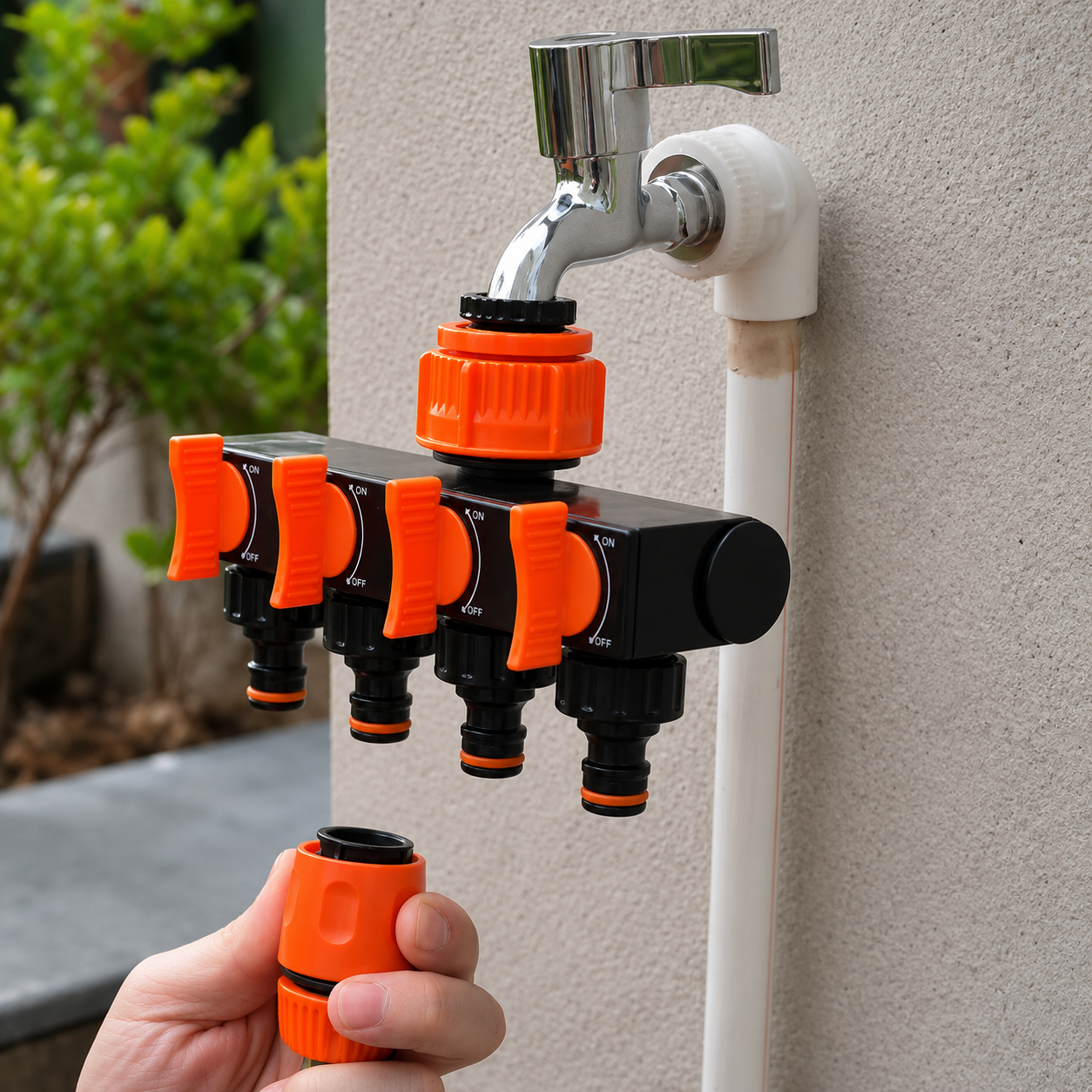 4-Wege Wasserhahn-Verteiler – 4 individuelle Ein/Aus-Schalter, Gartenbewässerung