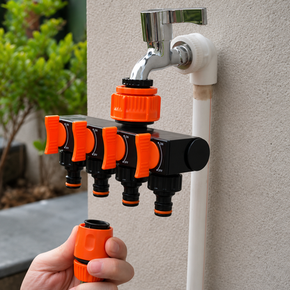 4-Wege Wasserhahn-Verteiler – 4 individuelle Ein/Aus-Schalter, Gartenbewässerung