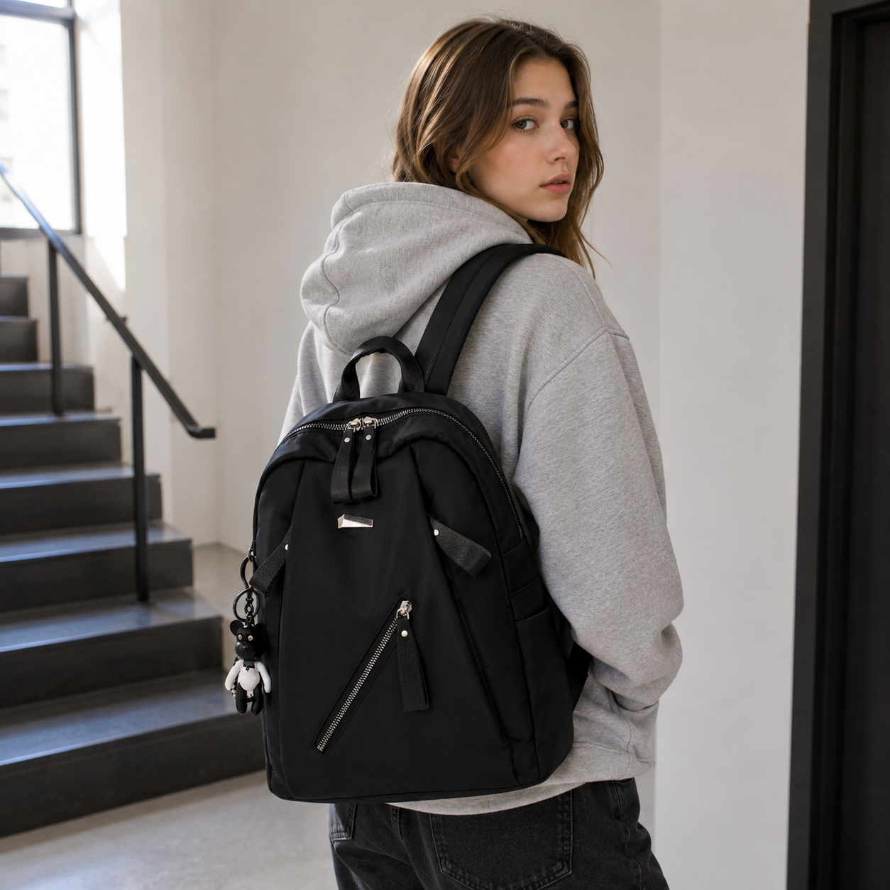 Schulrucksack für Mädchen - Oxford-Gewebe - mit Anhänger
