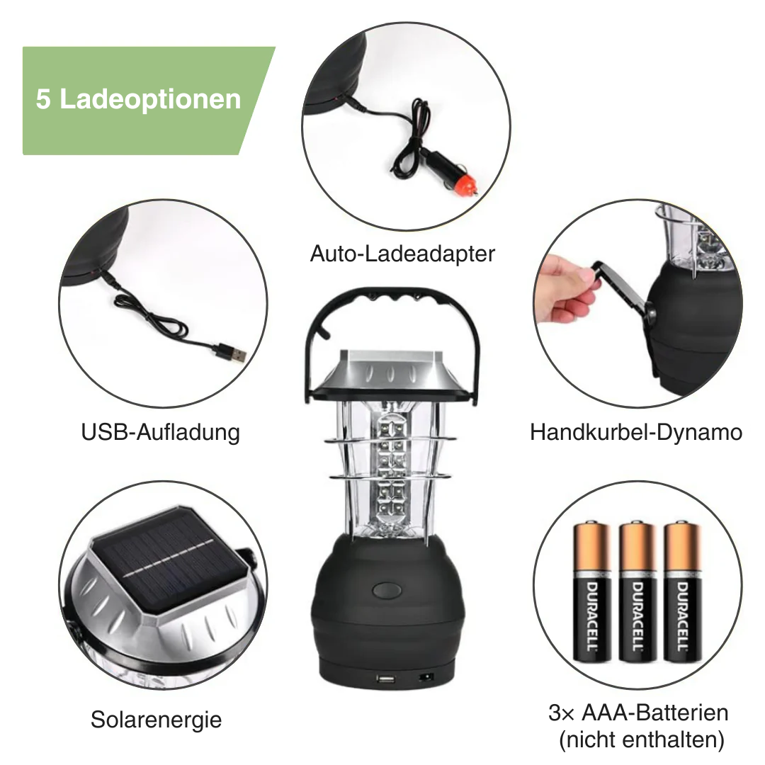 Tragbare Campinglampe – LED – Solarenergie & Handkurbel