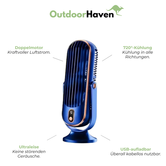Tragbarer Ventilator & Luftkühler – USB-Aufladbar, 5 Geschwindigkeiten & 720° Rundum-Kühlung