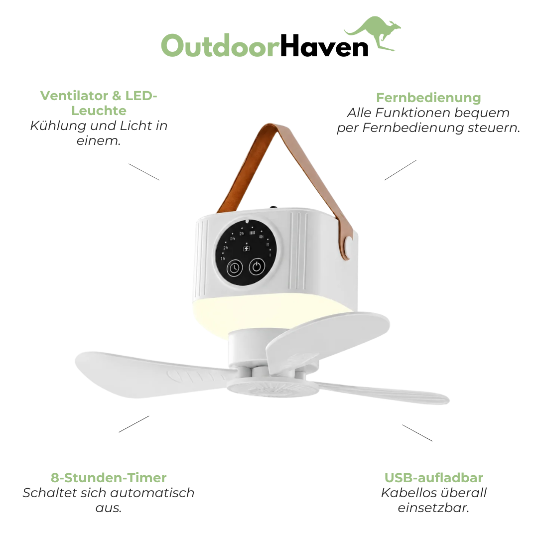 Camping-Ventilator mit LED-Lampe – USB-Aufladbar, Fernbedienung & 8-Stunden-Timer