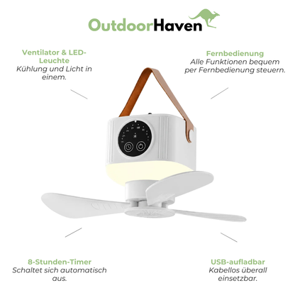 Camping-Ventilator mit LED-Lampe – USB-Aufladbar, Fernbedienung & 8-Stunden-Timer