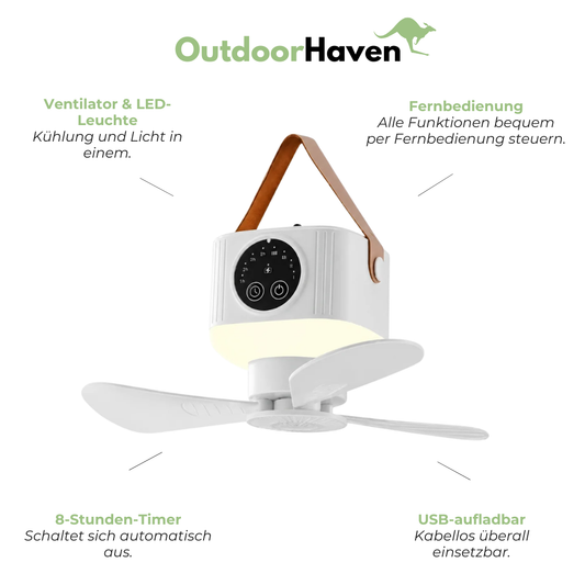 Camping-Ventilator mit LED-Lampe – USB-Aufladbar, Fernbedienung & 8-Stunden-Timer