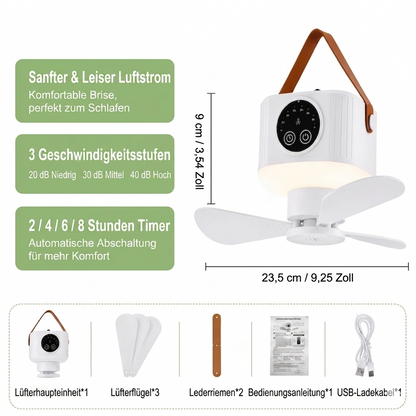 Camping-Ventilator mit LED-Lampe – USB-Aufladbar, Fernbedienung & 8-Stunden-Timer