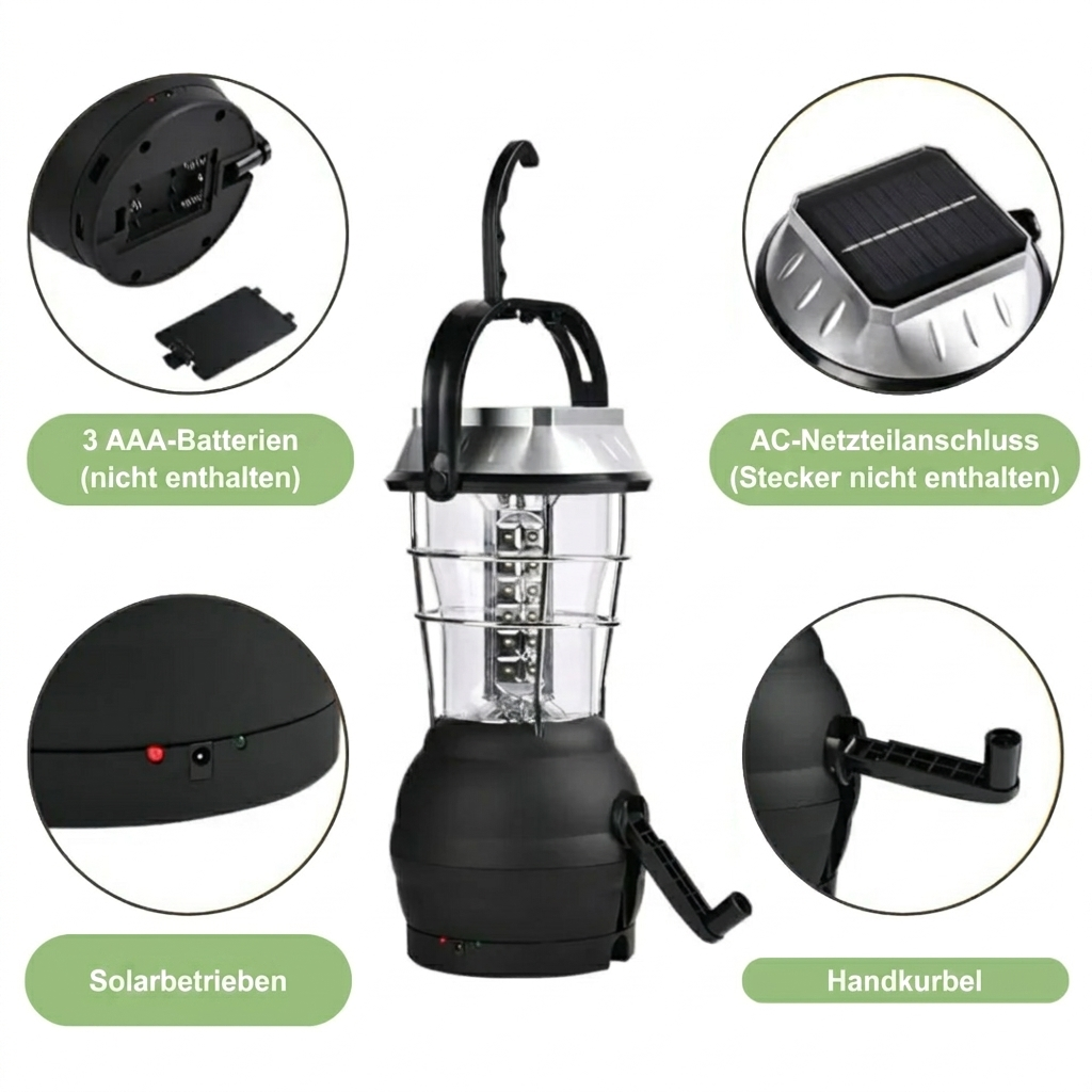 Tragbare Campinglampe – LED – Solarenergie & Handkurbel