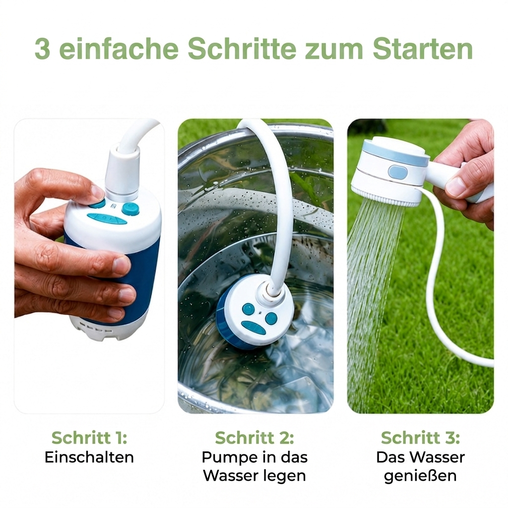 Tragbare Campingdusche mit 5000-mAh-Pumpe – Wiederaufladbar – Komplettset