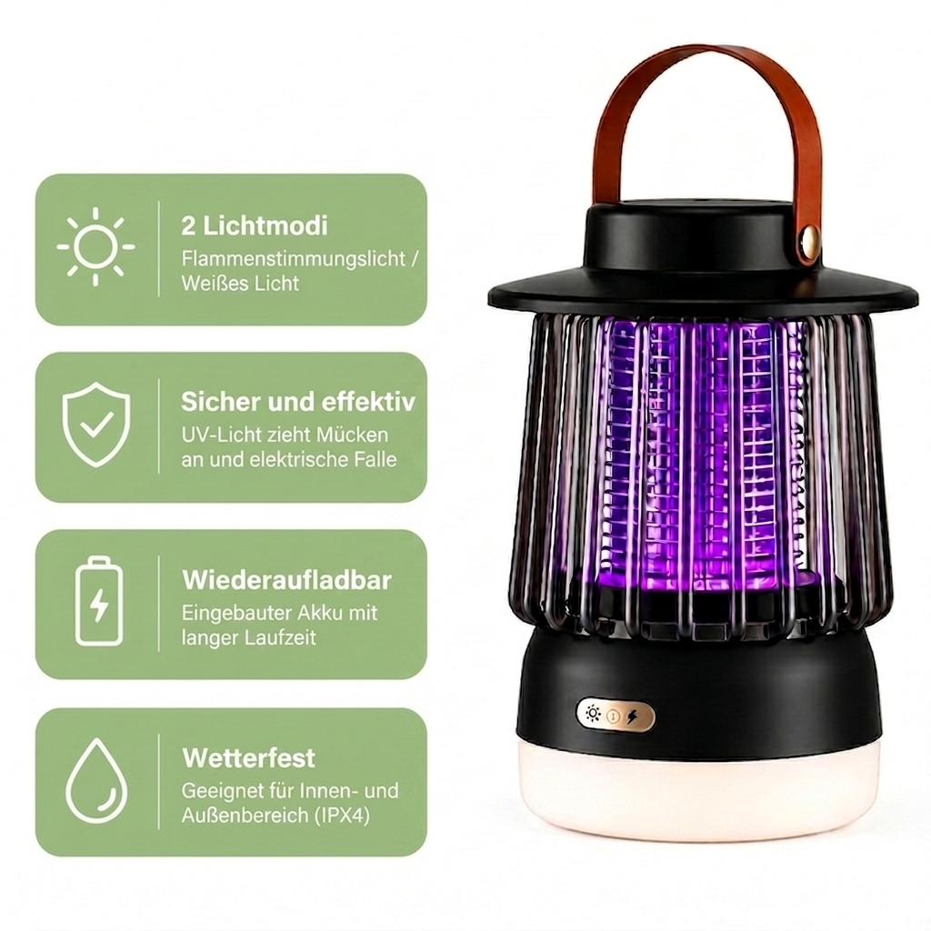 Mückenlampe & Campinglampe 2-in-1 – Leiser Mückenfänger für Terrasse & Camping