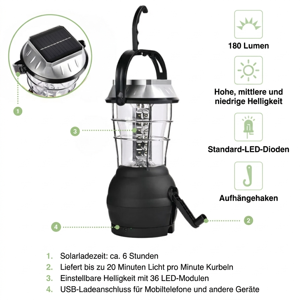 Tragbare Campinglampe – LED – Solarenergie & Handkurbel