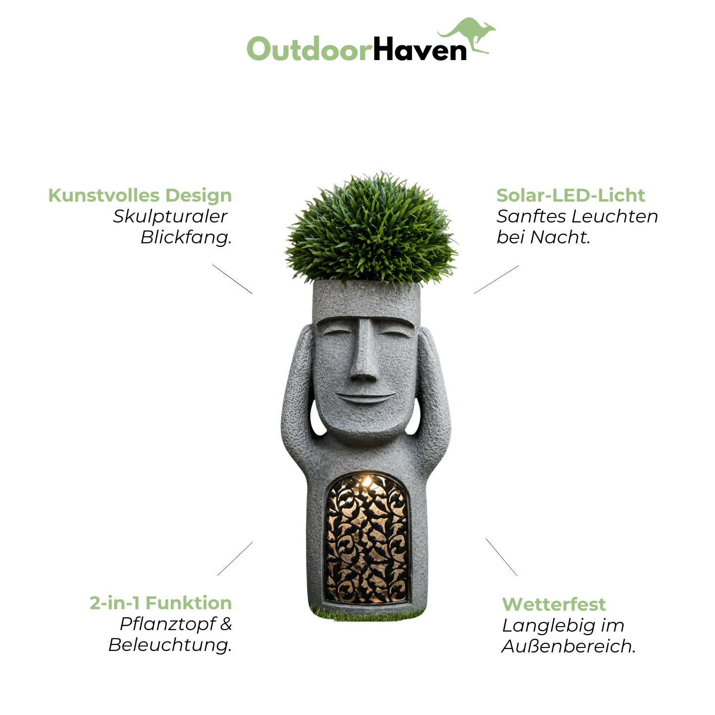 Solar LED Gesichts-Pflanztopf – Gartenfigur mit Beleuchtung & Wetterfest