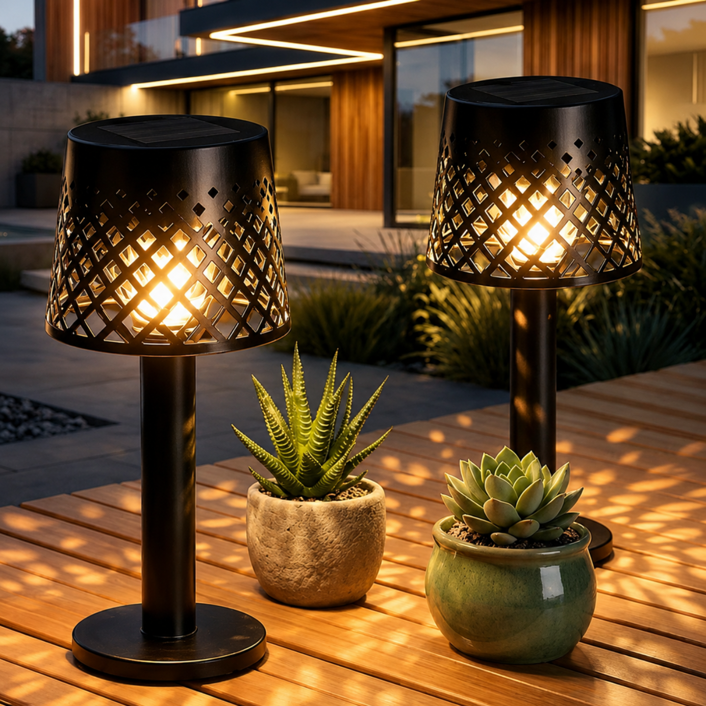 Solar Tischlampe 2er-Set – Dekoratives Schattenmuster, Auto Ein/Aus, für Garten & Terrasse