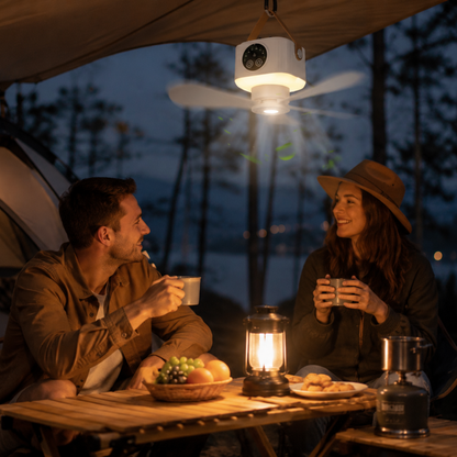 Camping-Ventilator mit LED-Lampe – USB-Aufladbar, Fernbedienung & 8-Stunden-Timer